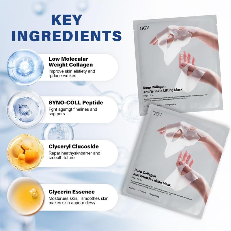 Ggv-Collagen Real Deep Mask, Hydrating Overnight Hydrogel Mask, Pore Minimizing, Elasticity Improvement- 5PCS Facial Moisture Skincare Face Mask